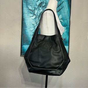 Jonathan Adler Black Leather Hexagon Shoulder Bag Purse Tote Large